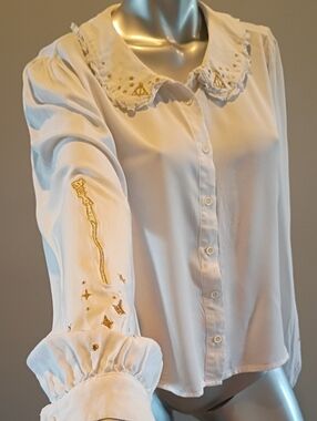 Harry Potter Deathly Hallows White LS Blouse Wizard Symbols Gold Embroidered-Lg